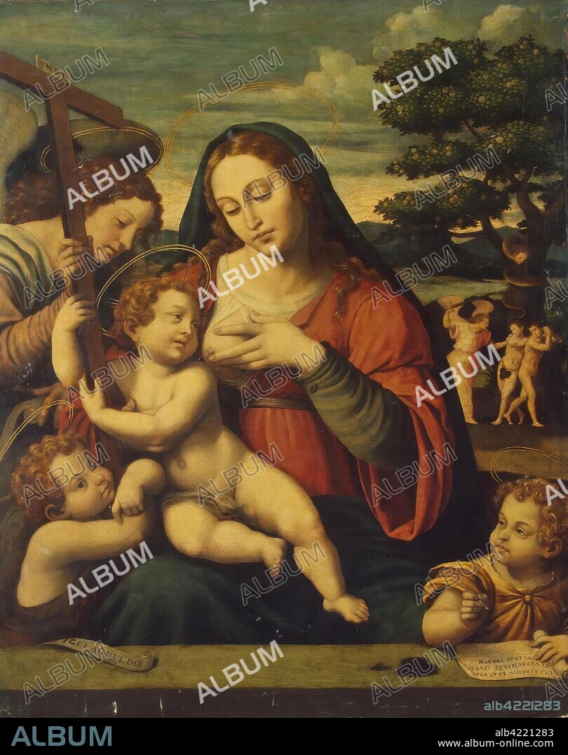 JUAN DE JUANES (VICENTE JUAN MACIP). 'The Virgin and the Child with St John the Baptist, St John the Evangelist and an Angel'. Spain, Between 1553 and 1570. Dimensions: 57x70,5 cm.