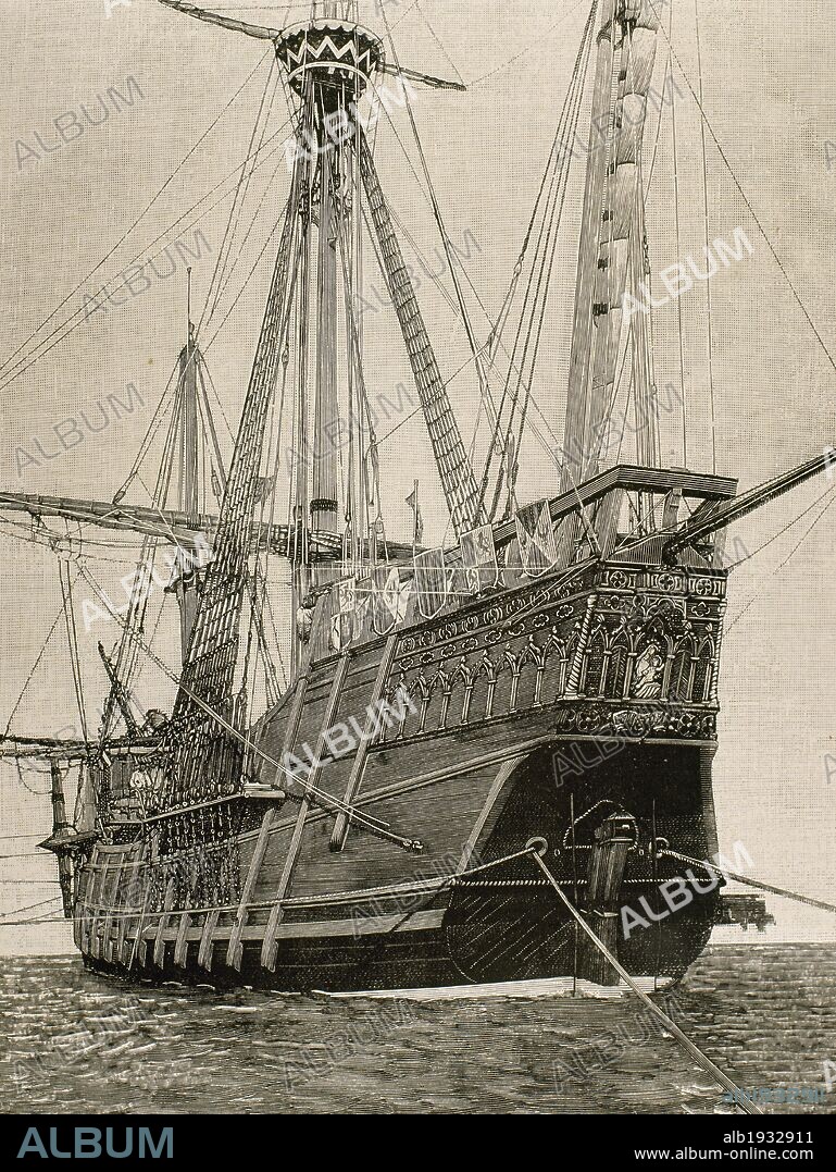 DESCUBRIMIENTO DE AMERICA (1492). LA NAO SANTA MARIA. Momentos antes de zarpar de San Fernando para Huelva. Grabado por Rico.