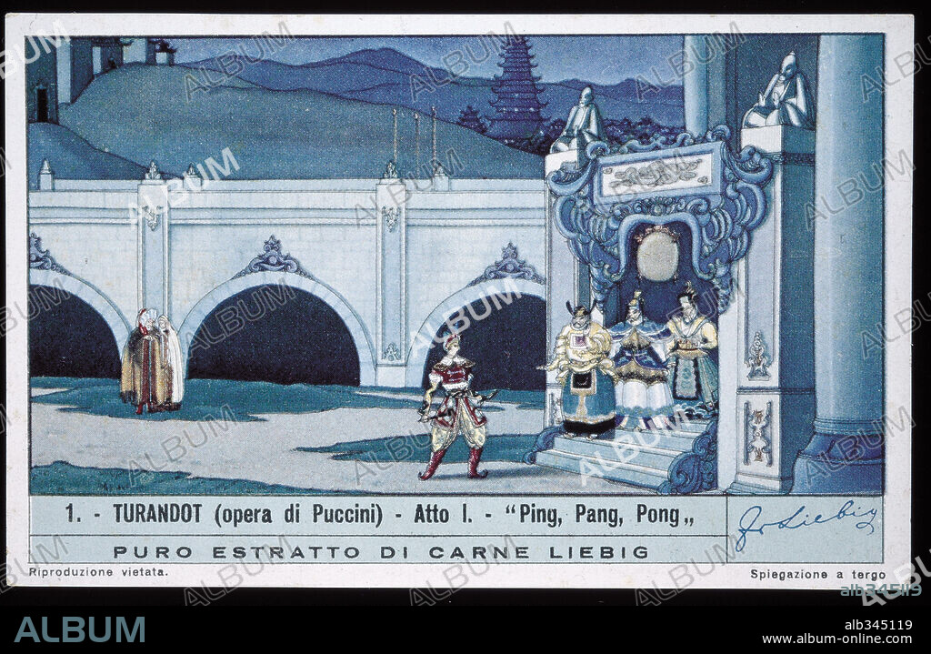 GIACOMO PUCCINI. Ministers of court Ping, Pang and Pong with stranger Calaf son of Timur Act 1 from Turandot. Opera by Puccini 1st produced, 1926.