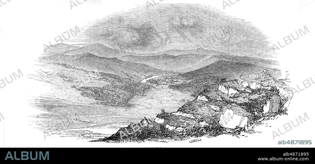 EBENEZER LANDELLS. Blair Athol Castle, from the Ben-y-Glo, 1844. Blair Castle, near the village of Blair Atholl in Perthshire, Scotland. From "Illustrated London News", 1844, Vol I.