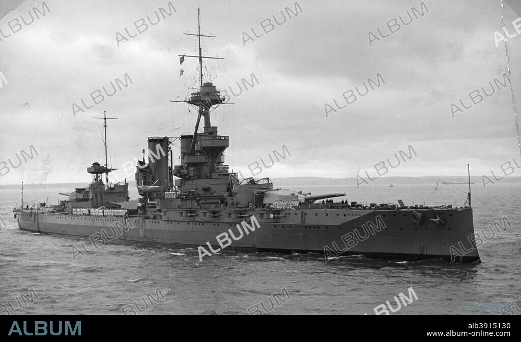 HMS 'Iron Duke', British battleship, c1936-c1937. Launched in 1912, HMS 'Iron Duke' was named in honour of the Duke of Wellington. She was the flagship of Admiral Sir John Jellicoe at the Battle of Jutland in 1916. By the time of this photograph 'Iron Duke' had been disarmed under the terms of the 1930 London Naval Treaty and was serving as a gunnery training vessel. In the Second World War she served as a base ship at the naval base at Scapa Flow, Orkney. She was scrapped in Glasgow in 1948.