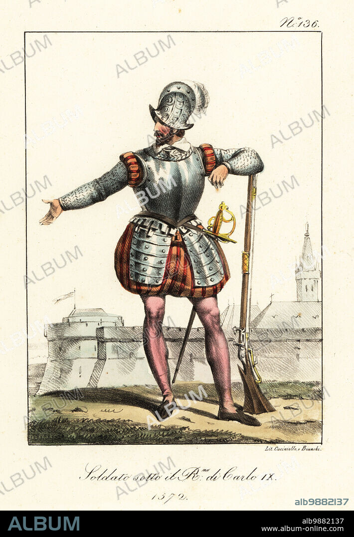 French infantry soldier in the reign of King Charles IX, 1572. In morion helmet, breastplate, chainmail hauberk, tassets, breeches, hose, with sword and arquebus. Soldat sous le Regne de Charles IX. Handcoloured lithograph by Lorenzo Bianchi and Domenico Cuciniello after Hippolyte Lecomte from Costumi civili e militari della monarchia francese dal 1200 al 1820, Naples, 1825. Italian edition of Lecomtes Civilian and military costumes of the French monarchy from 1200 to 1820.