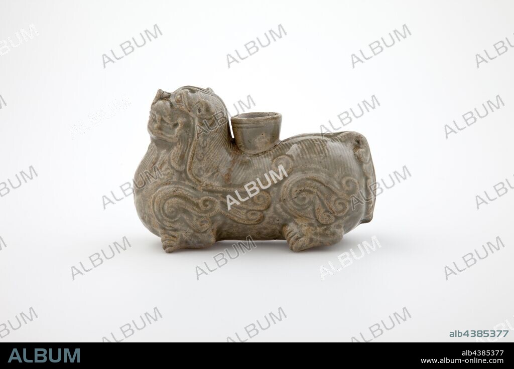 crouching feline, Unknown, Western Jin dynasty, 265-316, stoneware with green glaze, H: 3-15/16 in., Chinese, Asian Art.
