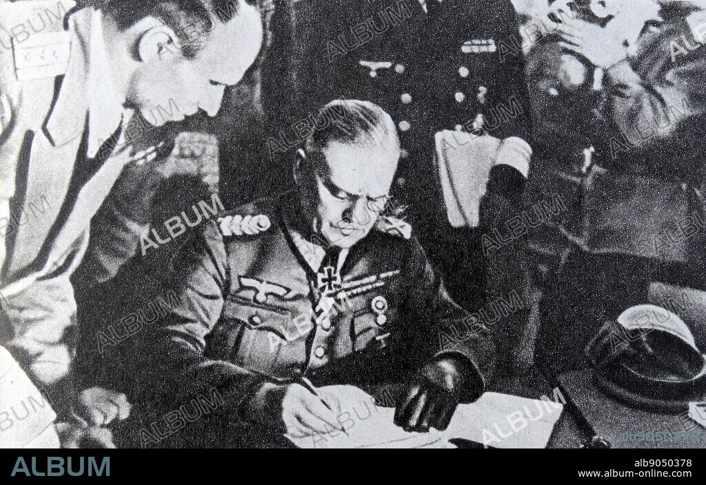 The head of the General Staff of the Supreme Command of the Wehrmacht V. Keitel signs the Act on the unconditional surrender of the German armed forces. May 8, 1945.