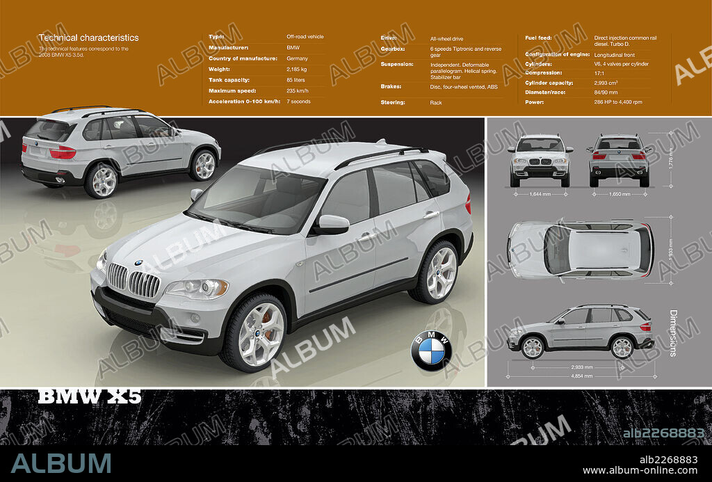 BMW X5. Infografía de las características técnicas del vehículo todoterreno BMW X5, modelo de 2008.