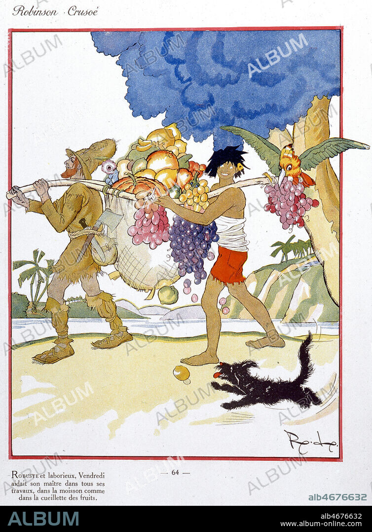 FELIX LORIOUX. Robinson et Vendredi transportant des fruits. Illustration par LORIOUX (1872-1964 = ADAGP) pour l'oeuvre de DEFOE (1660-1731) 'Robinson Crusoe', edition de 1930. Credit : Collection Jonas/KHARBINE-TAPABOR.