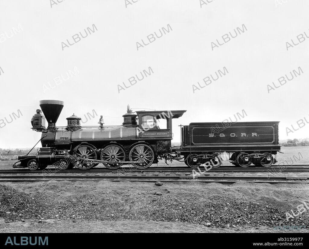United States: c. 1863 The Baltimore & Ohio Railroad Locomotive #117, the Thatcher Perkins. It was named after the designer of the engines.