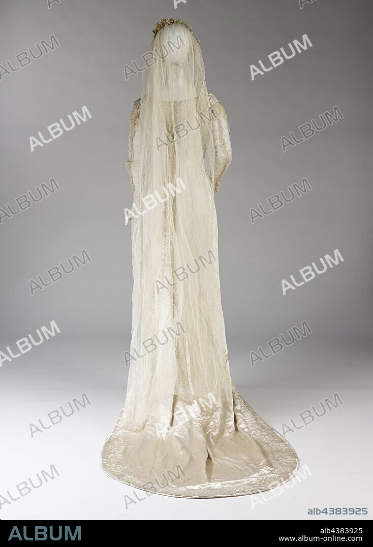 wedding dress, collar, veil and matching stockings, 1909, silk, 1) Dress: 92 x 31 in. 2) Veil: 69 x 33 in. 3) Collar: 12-8-1/2 in. 4A-B) Stockings: 33 x 3-1/2 in. (each), Textile and Fashion Arts.