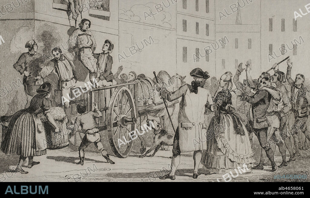 History of the United States of America, 18th century. British colonies in North America. Loyalist captured and humiliated, being feathered by a group of Sons of Liberty. Engraving by Vernier. Panorama Universal. History of the United States of America, from 1st edition of Jean B.G. Roux de Rochelle's Etats-Unis d'AmŽrique in 1837. Spanish edition, printed in Barcelona, 1850.