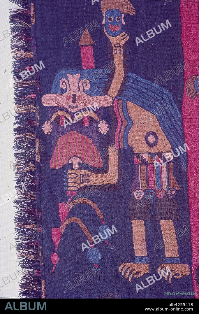 Paracas textile, cloth, depicting  anthropomotfic figures - Shaman. The Paracas culture was an Andean society existing between approximately 800 BCE and 100 BCE. Investigated by Peruvian archaeologist, Julio Tello, in the 1920s.