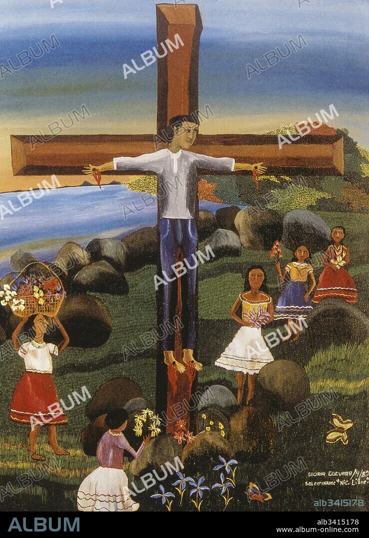 Propaganda painting depicting a rebel guerrilla as the crucified Christ, by Gloria Guevara(Nicaraguan 20th century painter)..