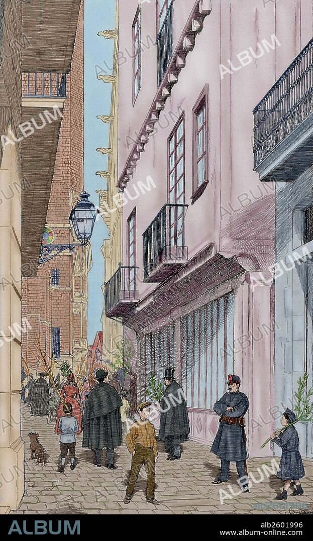 CATALUÑA. BARCELONA. "Calle de la Freneria en un Domingo de Ramos". Dibujo por J. L. Pellicer. "La Ilustración Catalana", año 1888. Coloreado.