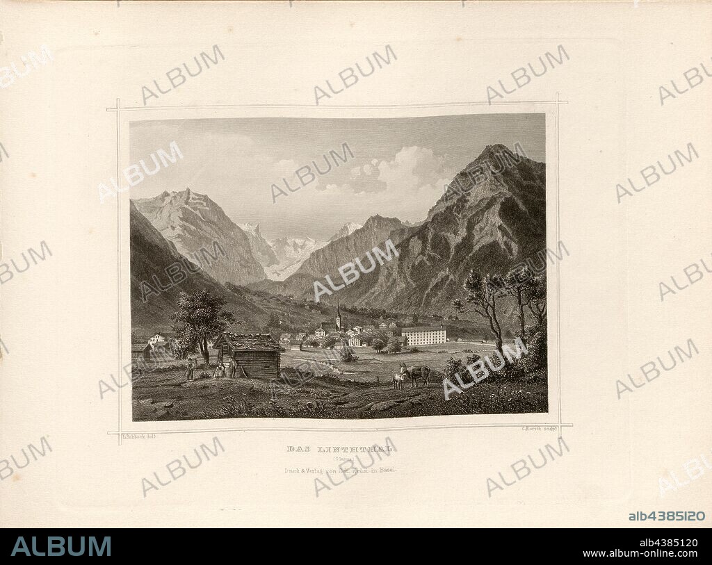 The Linthal, Linthal from Bad Stechelberg, signed: L. Rohbock (del.), Rorich, C. (sculp.), Taf. 52, p. 109, Rohbock, Ludwig (del.), Rorich, Karl (sc.), 1870, Ludwig Rohbock: Album der Nord- und Ostschweiz: 100 Stahlstiche aus den Cantonen Basel, Solothurn, Aargau, Zürich, Schaffhausen, Thurgau, St. Gallen, Appenzell, Glarus und Graubünden. Basel: Verlag von Chr. Krüsi, [ca. 1870].