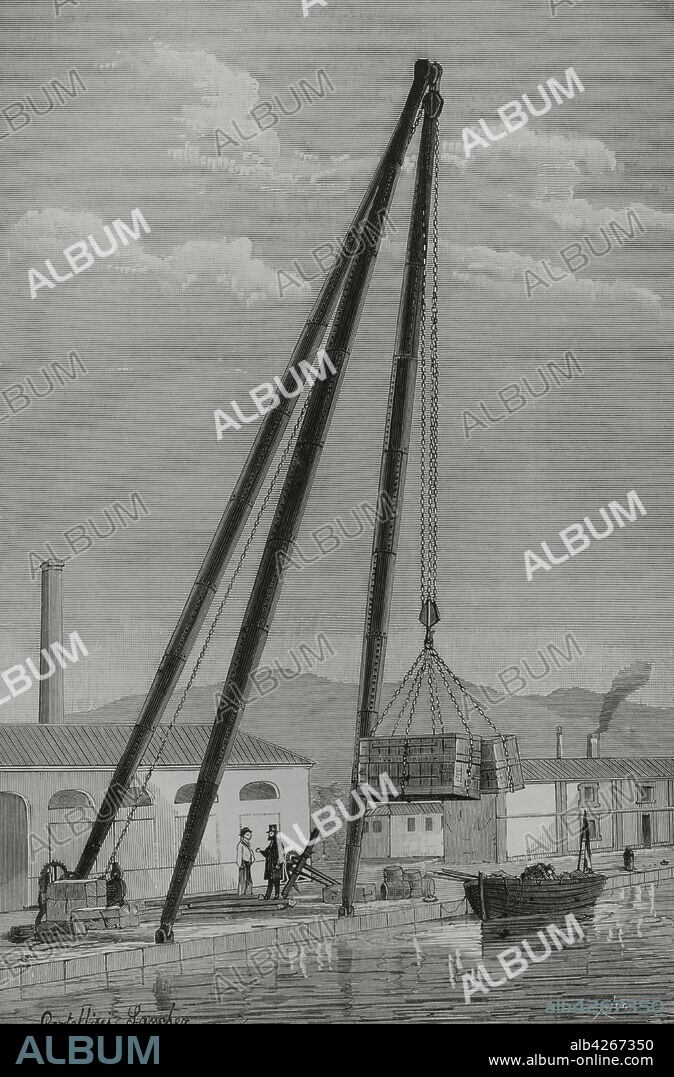España. Galicia. El Ferrol (provincia de La Coruña). Máquina tripode de nuevo modelo, recientemente instalada en El Arsenal. Dibujo por Cortellini. Grabado por Bernardo Rico. La Ilustración Española y Americana,1881.