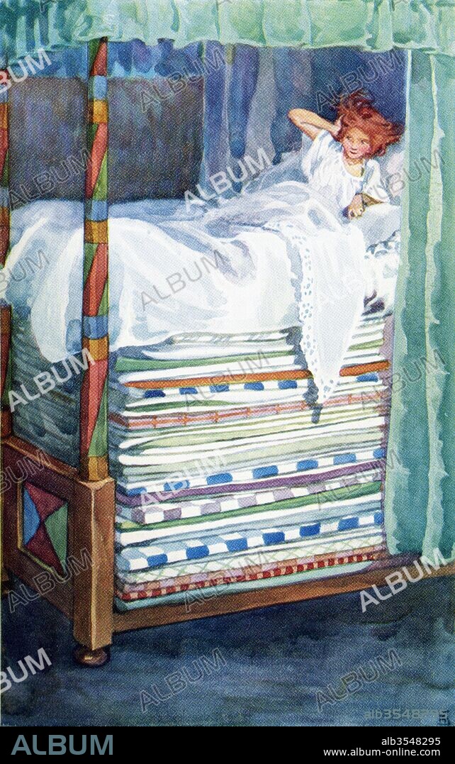The Princess and the Pea. Colour illustration by Helen Stratton from the book Hans Andersen's Fairy Tales published c.1930.