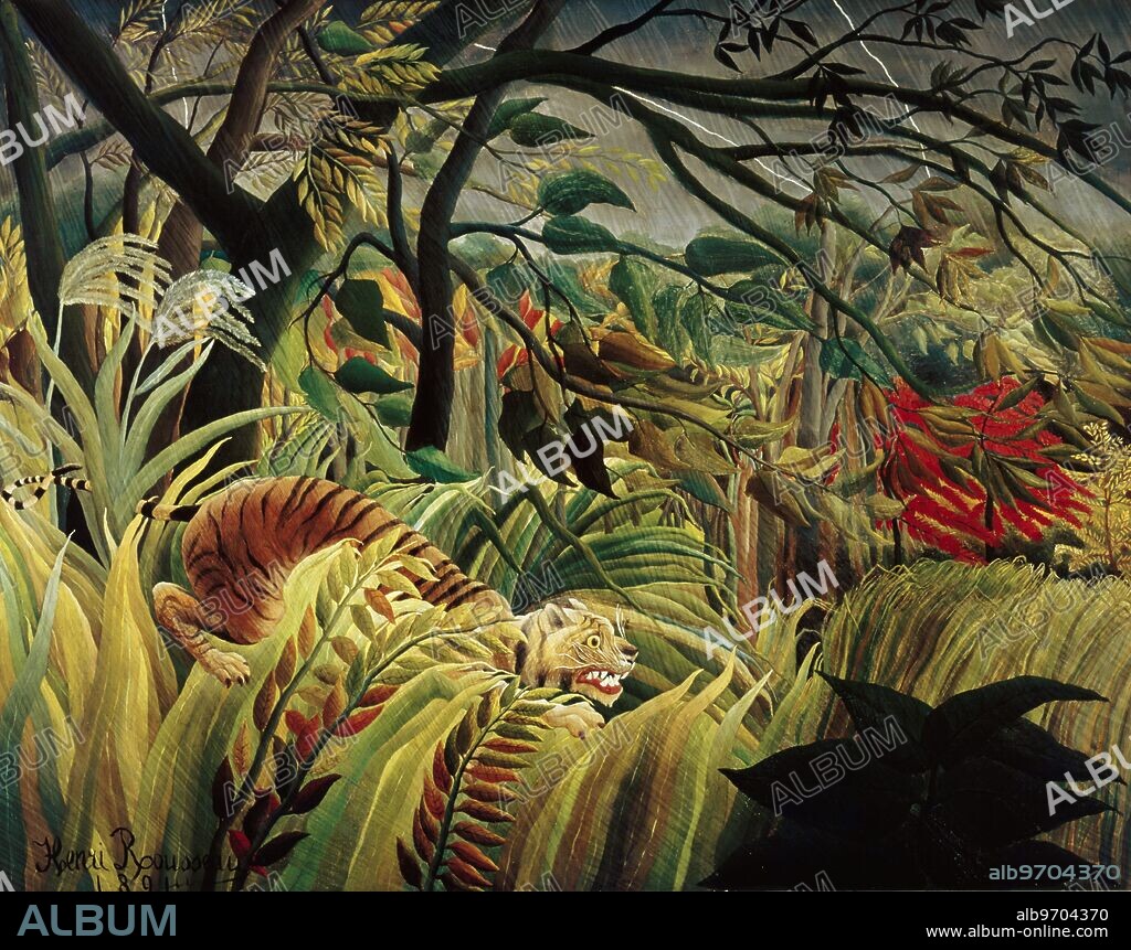 Tropical Storm with Tiger. or. Tiger in a Tropical Storm (Surprised) - 1891. by Henri Rousseau (Le Douanier). hanging in the National Gallery, London, UK.. Henri Rousseau (May 21, 1844 - September 2, 1910) was a French Post-Impressionist painter in the Naive or Primitive manner. He is also known as Le Douanier (the customs officer) after his place of employment. Ridiculed during his life, he came to be recognized as a self-taught genius whose works are of high artistic quality.. ©TopFoto.