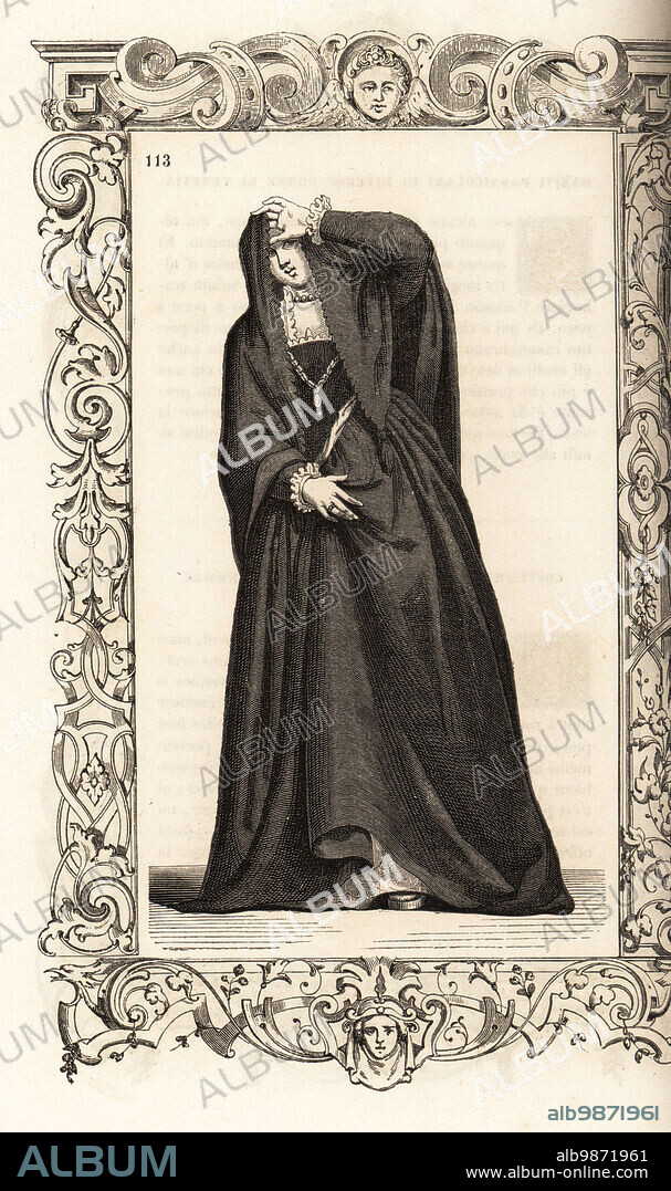 Costume of an Italian courtesan or prostitute outside the house, 16th century. Dressed like a widow in black veil and clothes of brocade, with embroidered skirts, stockings and chemise, hidden pearl necklace. Within a decorative frame engraved by H. Catenacci and Fellmann. Woodblock engraving by Gerard Seguin and E.F. Huyot after a woodcut by Christoph Krieger from Cesare Vecellios 16th century Costumes anciens et modernes, Habiti antichi et moderni di tutto il mondo, Firman Didot Ferris Fils, Paris, 1859-1860.