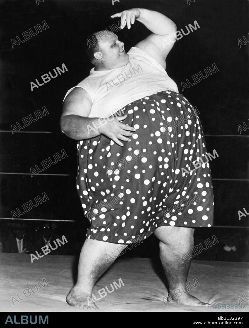 United States:  c. 1956 A portrait of professional wrestler William Cobb, better known as Happy Humphrey. He was the heaviest professional wrestler of all time, averaging 750 pounds during his career with one occasion of weighing in at over 900 pounds.