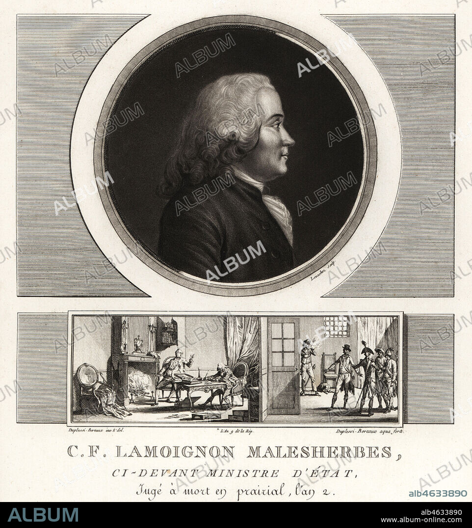 Guillaume-Chretien de Lamoignon de Malesherbes, French statesman, Ministre d'Etat, 1721-1794. Vignette shows him working on his defense of Louis XVI in the Tour de Temple. Mezzotint drawn and engraved by Jean Duplessis-Bertaux from his Collection Complete de 60 Portraits des Personnages qui ont le plus Figure dans la Revolution Francaise, Auber, Pairs, 1800. Portrait engraved by Charles Francois Gabriel Levachez.
