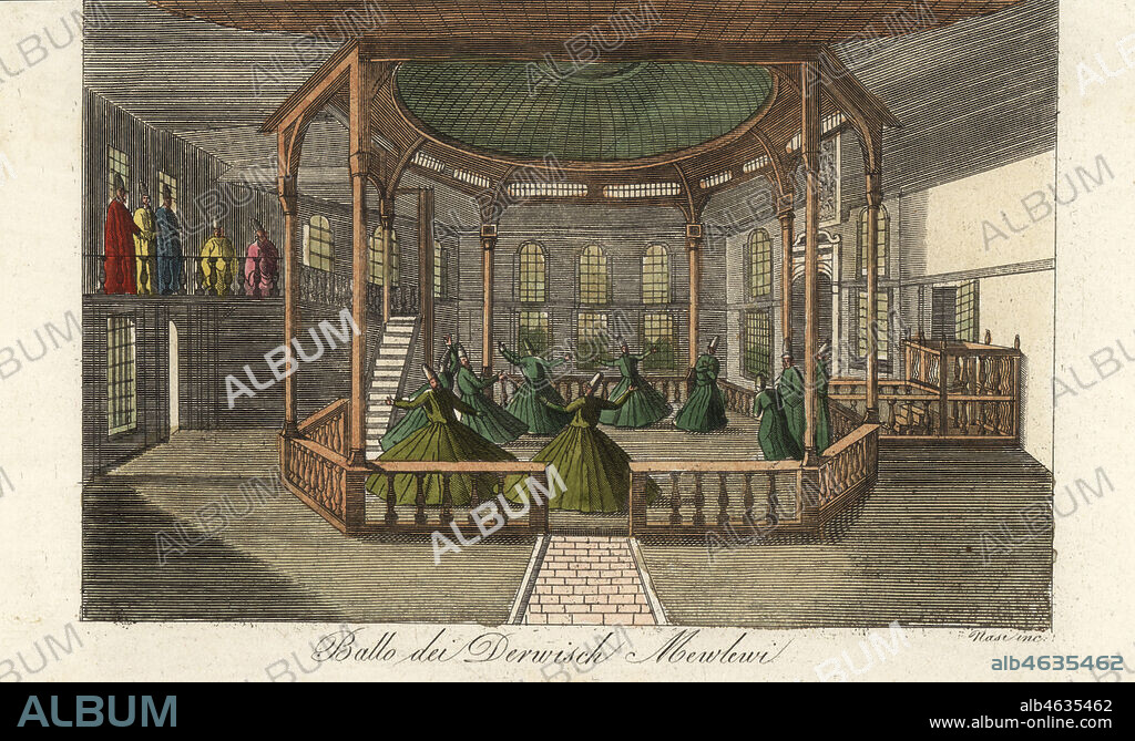 Dance of the whirling Dervishes of Mawlawi Tawagozi. Sufi Dervishes in tall hats dance in a circle to accompaniment by musicians on drums, psaltery and sistrum. Ballo dei Dervisch Mewlewi. Handcoloured copperplate engraving by Nasi after Giulio Ferrario in his Costumes Ancient and Modern of the Peoples of the World, Il Costume Antico e Modern o Story, Florence, 1842. Copied from Ignace Mouradgea dOhssons Tableau General de lEmpire Othoman, Paris, 1790.