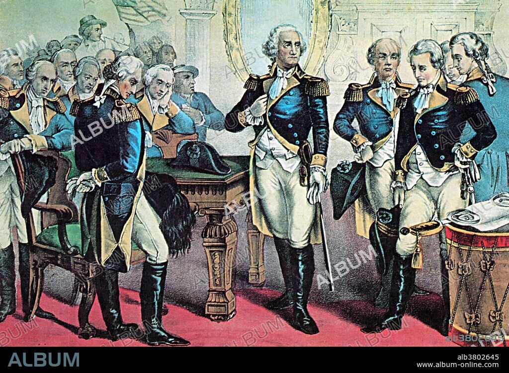 Lithograph entitled: "Washington's farewell to the officers of his army at the Old Tavern, corner Broad and Pearl Streets, December 4, 1783." George Washington (1731 or 1732-1799) was the first President of the United States of America, serving from 1789 to 1797, and dominant military and political leader of the United States from 1775 to 1799. He led the American victory over Great Britain in the American Revolutionary War as commander-in-chief of the Continental Army from 1775 to 1783, and presided over the drafting of the Constitution in 1787. Washington became the first president by unanimous choice, and oversaw the creation of a strong, well-financed national government that maintained neutrality in the wars raging in Europe, suppressed rebellion and won acceptance among Americans of all types. His leadership style established many forms and rituals of government that have been used since, such as using a cabinet system and delivering an inaugural address. Washington died at home around 10 p.m. on Saturday, December 14, 1799, aged 67. The last words in his diary were "'Tis well." He is consistently ranked among the top three presidents of the United States, according to polls of both scholars and the general public.