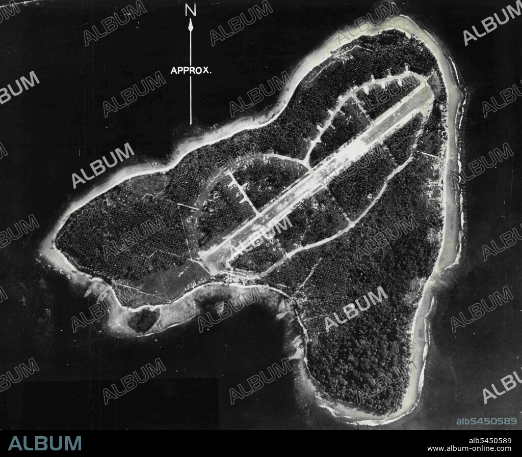 An American target in the Solomons: An serial view of Ballale island off the southeast coast of Bougalhville, (between Shortland and Fauro island), converted by the Japanese into an airfield, objective of numerous bombing attacks by American planes in the southwest pacific. October 08, 1943. (Photo by Fifth  U.S. Air Force).