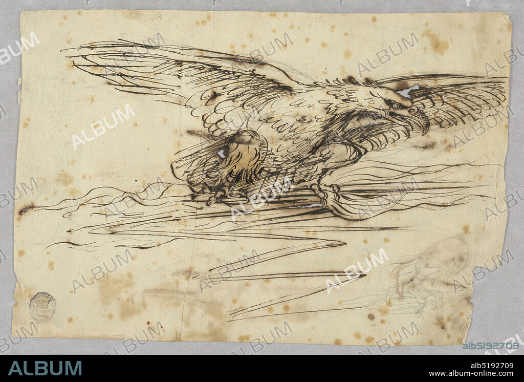 Sketches for the Representation of an Eagle Over a Thunderbolt, Graphite, black crayon, pen and ink on paper, Obverse: The representation. Bottom right: pencil sketch for the left foot. Reverse: Bottom: two views of the head, the eye. In opposite direction: a crayon, two ink sketches of the head. Bottom right: crayon sketch: the head., Italy, ca. 1810, Drawing, Drawing.