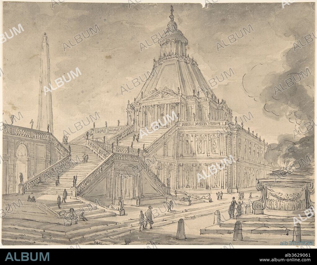Architectural Fantasy: Temple-like Building with Colonnades, a Monumental Staircase, and a Burnt Offering (Sacrifice) in the Foreground. Artist: Anonymous, Italian, first half of the 18th century. Dimensions: 8-3/4 x 11-1/4 in.  (22.2 x 28.5 cm). Date: 18th century.
