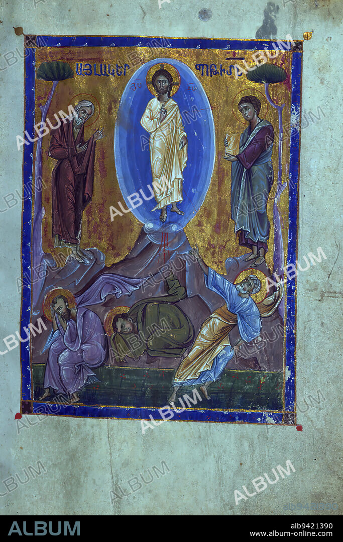 T'oros Roslin Gospels, Transfiguration, This manuscript was made in 1262 by Toros Roslin, an extremely prominent illuminator, who extended the range of manuscript illuminations by introducing a whole cycle of images into the gospels rather than, as was traditional, only including the portraits of the evangelists. This particular manuscript was created at the scriptorium of Hromkla, which became the leading artistic center of Armenian Cilicia under the rule of catholicos Constantine I (1221-1267).Toros created this manuscript under commission from the nephew of Constantine, a priest also named Toros. It is one of seven known manuscripts bearing Toros Roslins signature, and it is the most sumptuous of them all, with 15 miniatures and 67 smaller illustrations. The style of the images suggests that Toros had several assistants helping with the illustrations, though the overall quality remains extremely high. The manuscript was long cherished within the Armenian church. Even in the seventeenth century, its illumination served as a model for Armenian scribes, particularly Bargham and his son Mikayel; in the latter manuscript, Mikayel explicitly refers to 'the excellent scribe Toros, surnamed Roslin.'.