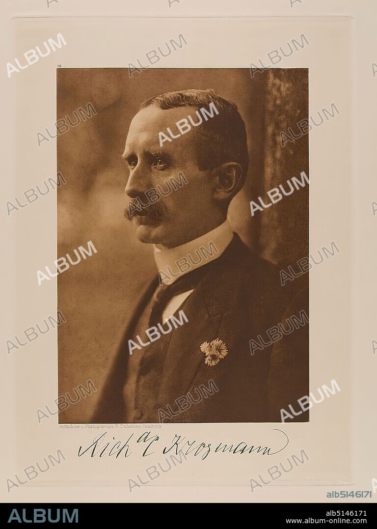Rudolph Dührkoop, Richard C. Krogmann i. F. Wachsmuth & Krogmann, Vice President of the Chamber of Commerce from the portfolio Hamburgische Männer und Frauen am Anfang des XX. Jahrhunderts, Staatliche Landesbildstelle Hamburg, Collection on the history of photography, paper, heliogravure, image size: height: 20,50 cm; width: 14,50 cm, signed: recto below the image: Exposed signature of the sitter, inscribed: recto: engraved on printing plate, below the image: photograph and photogravure R. Dührkoop, Hamburg, top left above picture 36; lower right in the corner in lead:69, stamp: recto: inventory stamp of the State Picture Center Hamburg, handwritten addition: Inv.No. and reference to repro, portrait photography, portrait, bust, en profil, historical person, Richard Carl Krogmann, part of the portfolio Hamburg Men and Women at the Beginning of the XXth Century - Camera Portraits - Photographed, etched in copper and printed by Rudolph Dührkoop Hamburg 1905.