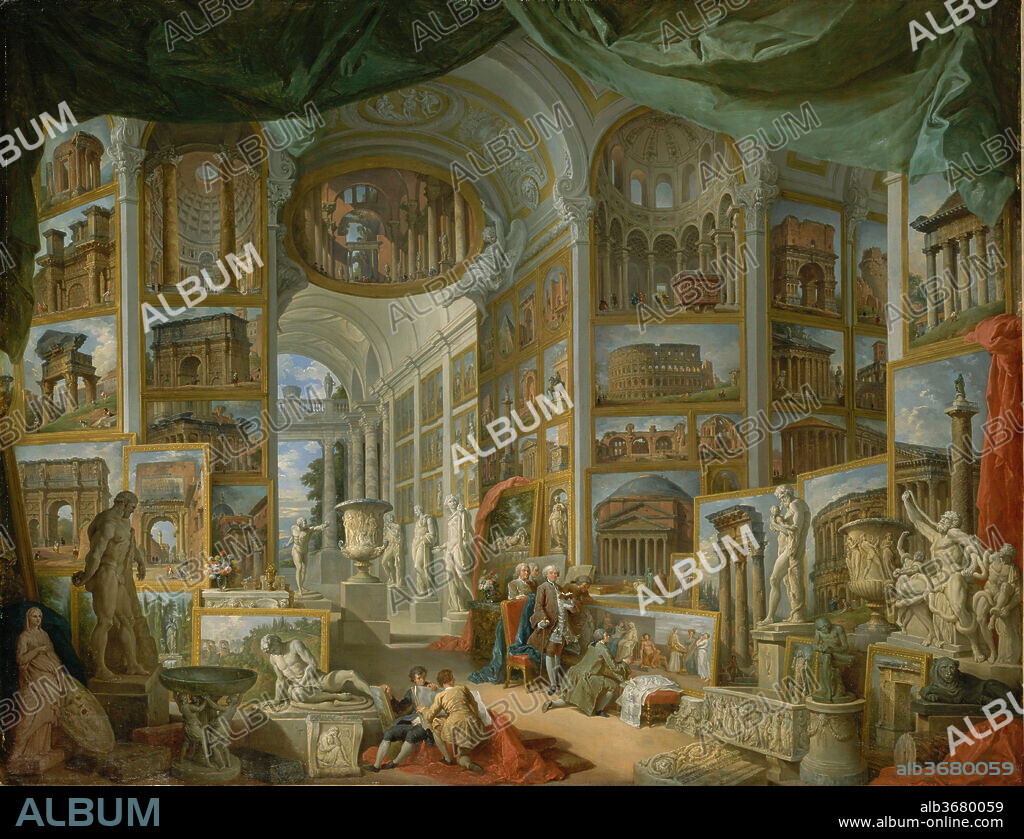Ancient Rome. Artist: Giovanni Paolo Panini (Italian, Piacenza 1691-1765 Rome). Dimensions: 67 3/4 x 90 1/2 in. (172.1 x 229.9 cm). Date: 1757.
<i>Ancient Rome</i> is a pendant to <i>Modern Rome</i> and shows the most famous antique monuments in the city. It was commissioned by the Count de Stainville, later the Duke de Choiseul, who is at the center with a guidebook in hand. Panini shows himself behind the chair. The gentlemen are admiring a copy of an ancient fresco. The Pantheon, the Coliseum, Trajan's column, the Farnese Hercules, and the Laocoön may be identified. For the identification of the other monuments, visit metmuseum.org.