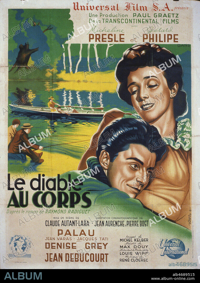 'Le diable au corps' Affiche du film illustree par Joseph KOUTACHY realise en 1946 par Claude AUTANT-LARA (1903-2000) d'apres le roman de Raymond RADIGUET (1903-1923) avec Gerard PHILIPE (1922-1959), Micheline PRESLE (20 S.). Credit : Coll. Perron/KHARBINE-TAPABOR.