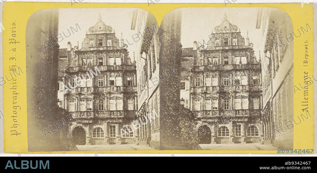 Haus zum Ritter in Heidelberg, Germany, Heidelberg (Grand-Duché de Bade), la maison du chevalier (1592) (title on object), Allemagne (series title on object), Hippolyte Jouvin (mentioned on object), Heidelberg, 1860 - 1865, cardboard, paper, albumen print, height 86 mm × width 177 mm.
