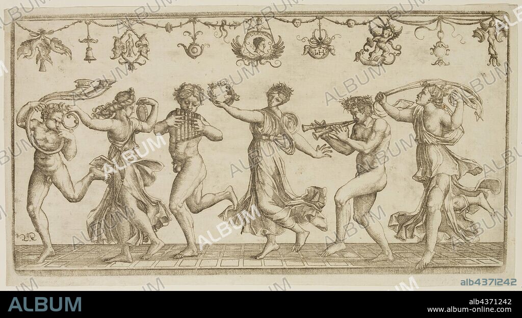 Hieronymus Hopfer, German, active ca. 1520-1530, after Agustino Veneziano, Italian, 1490-1536, Fauns and Bacchantes, 16th century, engraving printed in black ink on laid paper, Plate: 7 × 13 3/8 inches (17.8 × 34 cm).