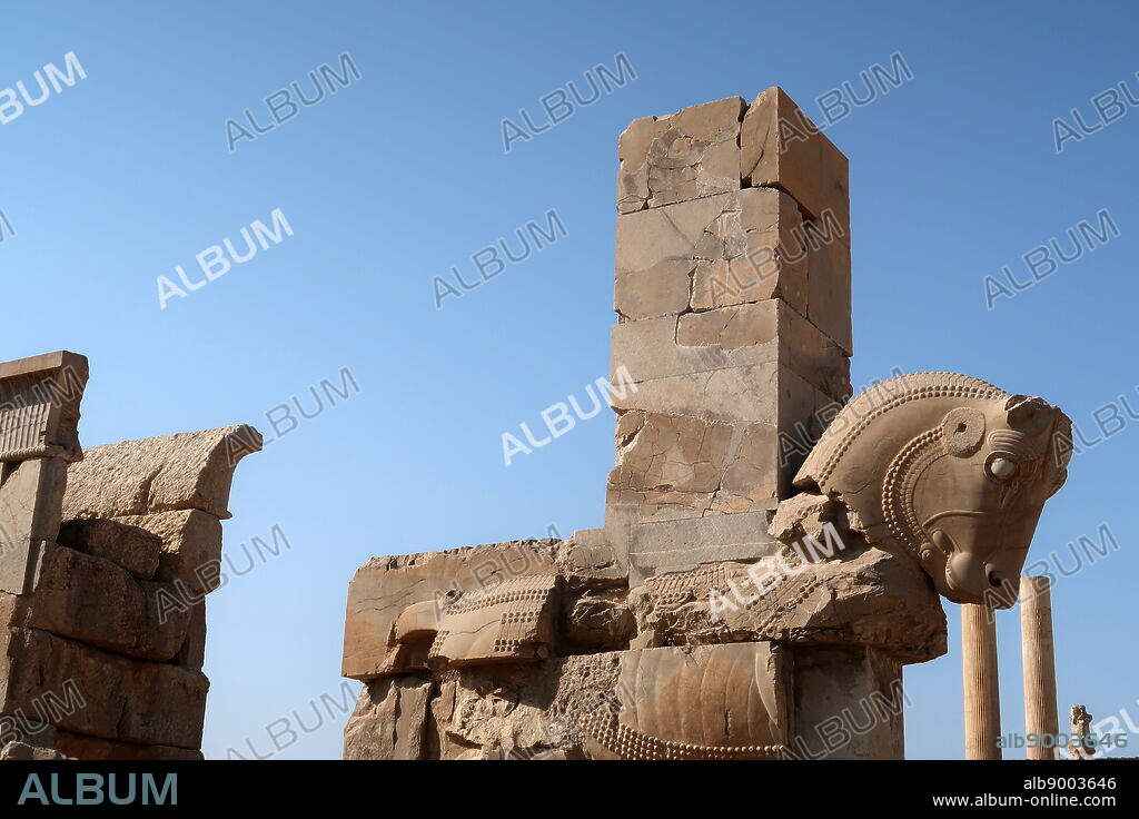 Photograph of the Throne Hall or "Hall of a Hundred Columns" at Persepolis, Iran. Built by the Achaemenid king Artaxerxes I.
