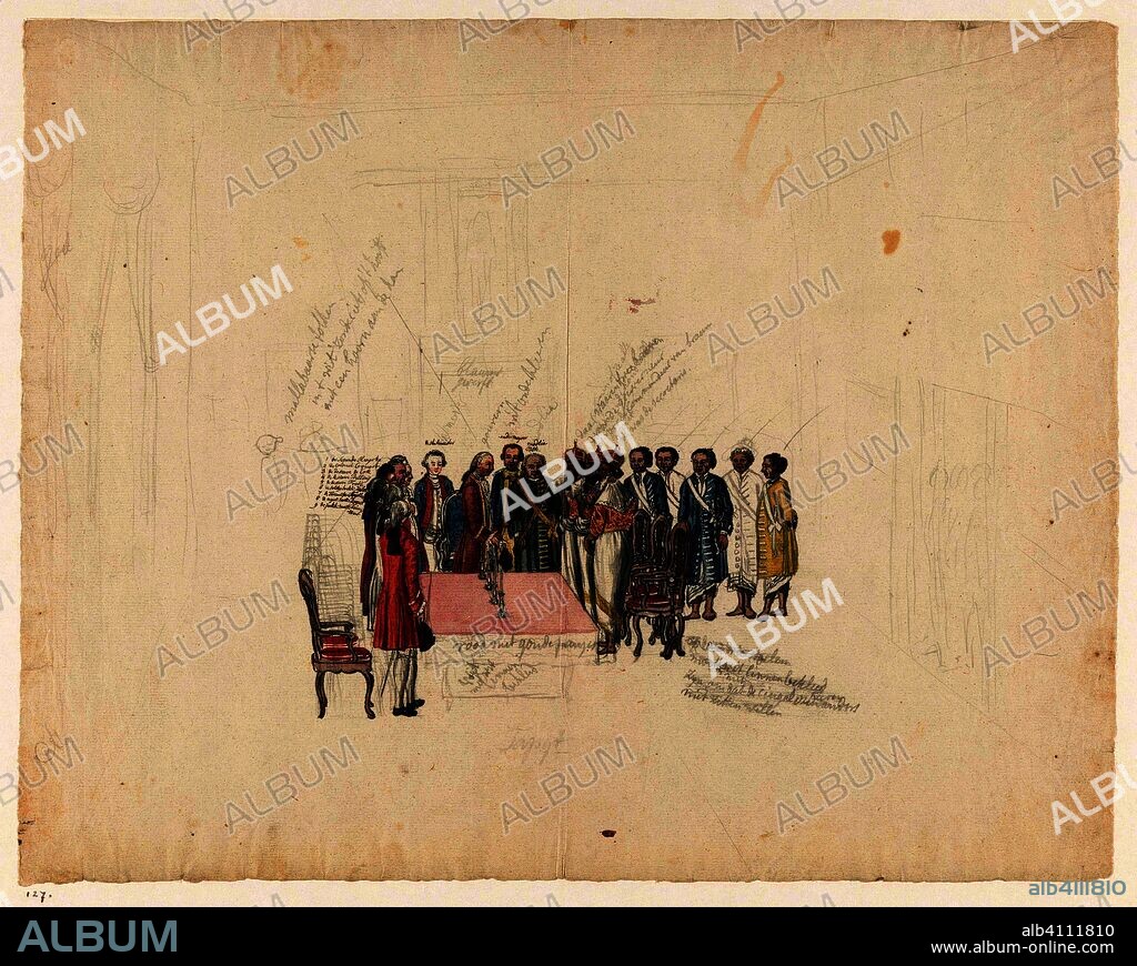 Reception of the envoys of the king of Kandy, 1785. Draughtsman: Jan Brandes. Dating: 10-Oct-1785 - 30-Dec-1785. Place: Colombo. Measurements: h 325 mm × w 416 mm.
