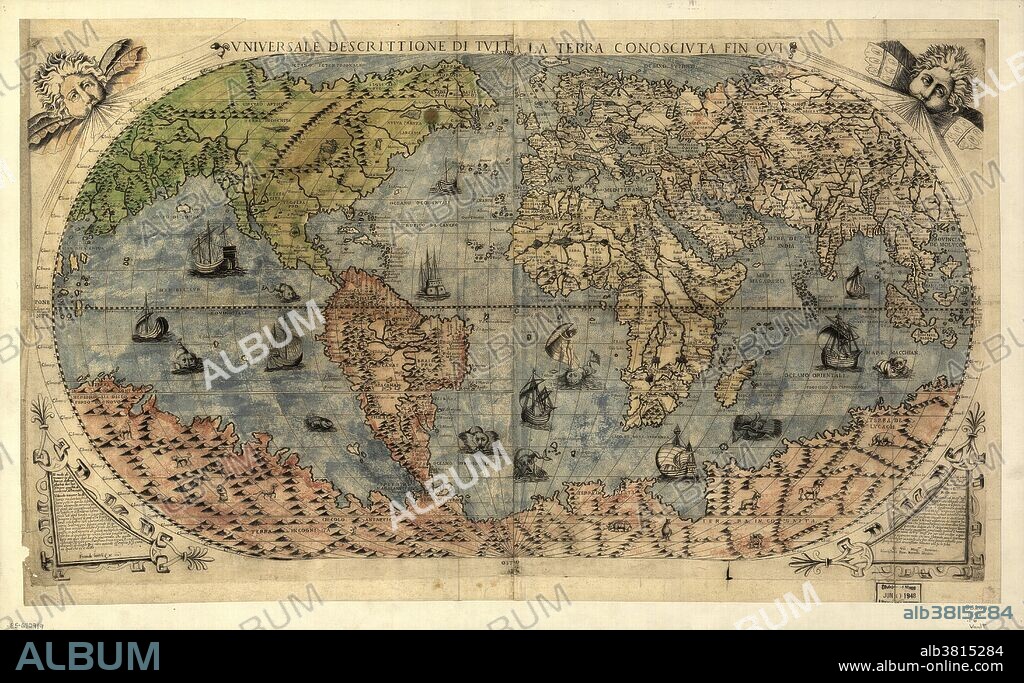 World map, published around 1565 in Venice, Italy, by Italian mapmaker Ferando Bertelli. The title of the map: Universale Descrittione di Tutta la Terra Conosciuta Fin Qui (universal description to the end of the known Earth). In the past few hundred years, the Americas (left) and the sea passage to India around Africa, and the islands of South-East Asia, had all been discovered, but these regions remained poorly mapped. This map shows a vast and unknown continent to the south, and Australia has not yet been discovered. Illustrations of ships and strange sea creatures are seen on the oceans, and strange animals are seen on the unknown lands. The winds are represented at upper right and left.