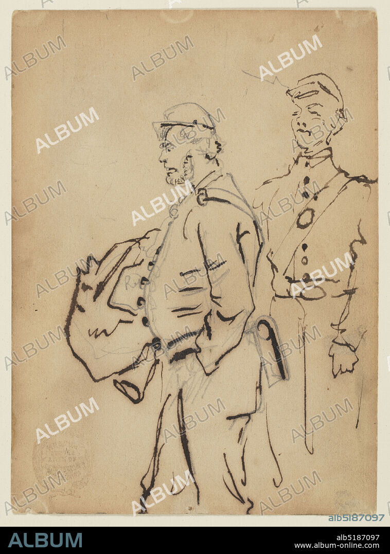Sketches of Soldiers, Winslow Homer, American, 18361910, Graphite, heightened with pen and ink on pasteboard, Recto: Vertical view of two soldiers, shown in three-quarter length, with color notations., Verso: Slight sketches in graphite, including one of soldier resting on a rifle with fixed bayonet., USA, 1862, figures, Drawing, Drawing.
