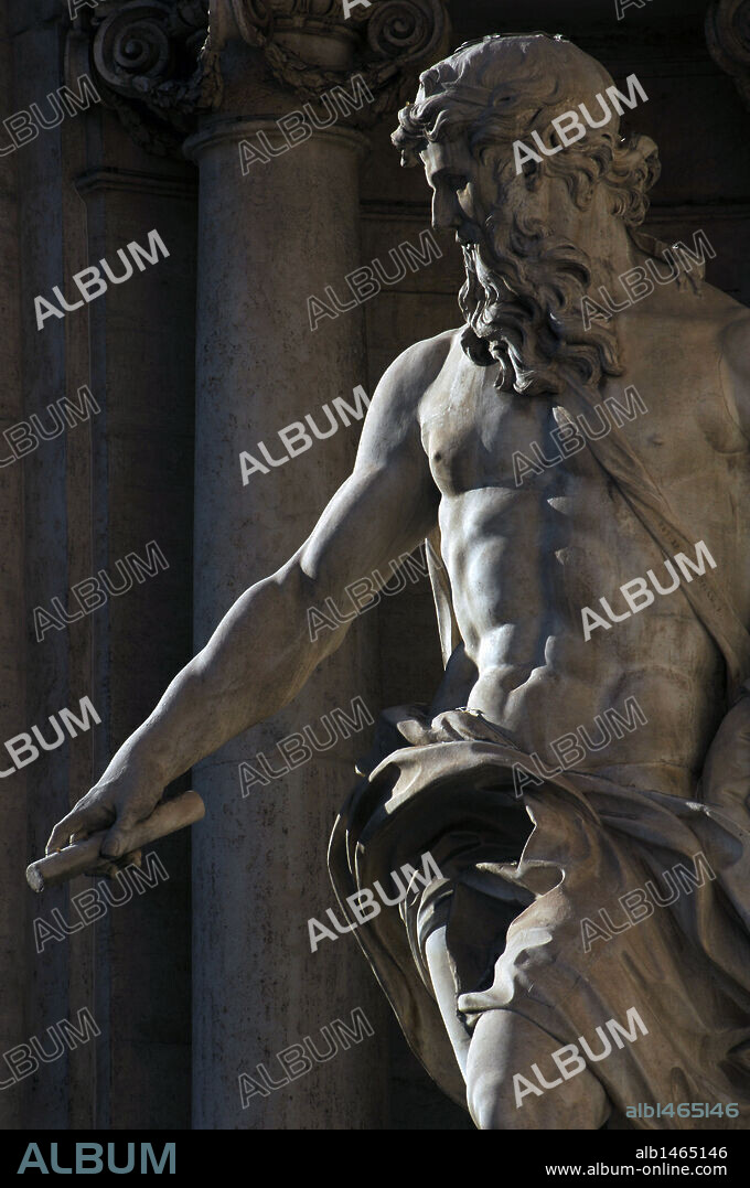 ARTE SIGLO XVIII. ITALIA. FONTANA DI TREVI (1732-1751). Obra de Nicolò SALVI, por encargo del Papa Clemente XII. Representa el reino de los mares. Detalle de NEPTUNO. ROMA.