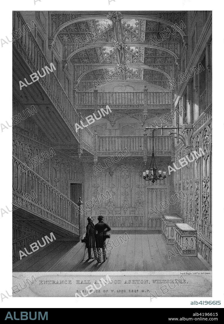 'Entrance Hall at Rood Ashton, Wiltshire', mid 19th century. 'Residence of W.Long Esq, M.P.' - British politician Walter Hulme Long, 1st Viscount Long (1854-1924) lived here. It was built in 1808, and was altered and extended in 1836. The carved wooden panelling is visible here. The house was demolished in the 1970s.
