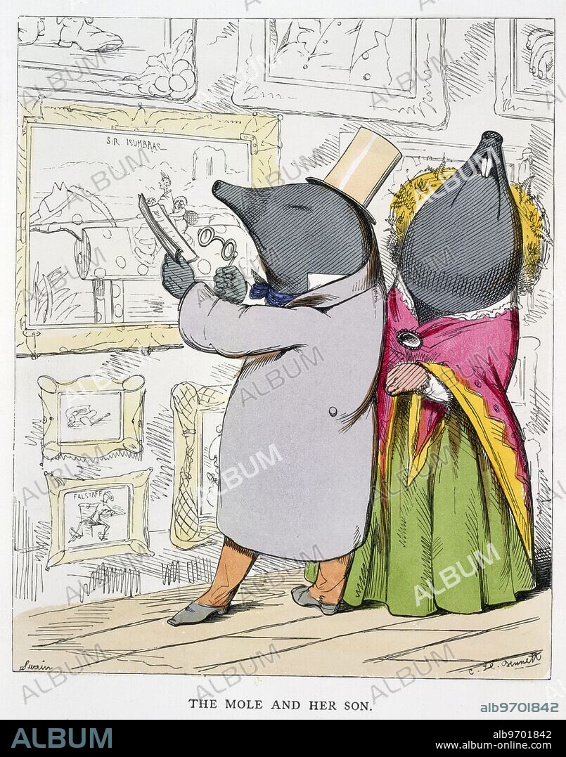 'The Mole and Her Son', 1857. The mole and her son in an art gallery. From The Fables of Aesop and others. Translated into human nature, designed and drawn on the wood by Charles H Bennett, etc. (London, 1857).