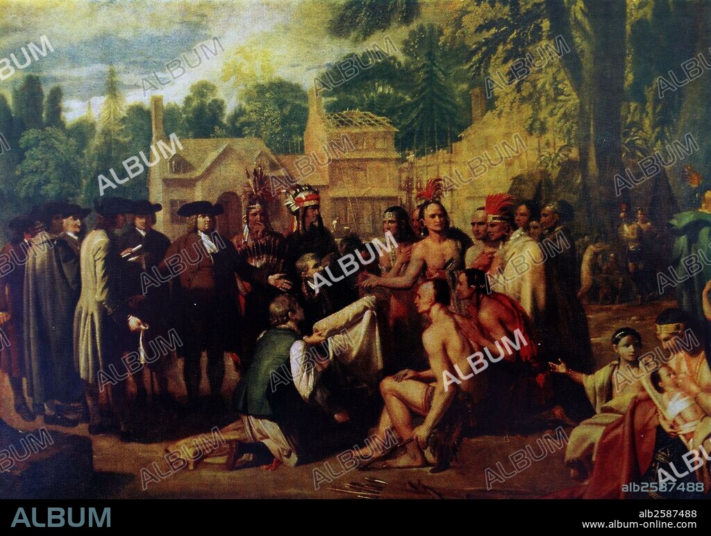 "Penn's Treaty with the Indians", 1771 by Benjamin West, (1738-1820) an Anglo-American painter of historical scenes around and after the time of the American War of Independence. A leading colonial artist, immortalised in this painting the beginning of a long and peaceful relationship between William Penn and the Indians.