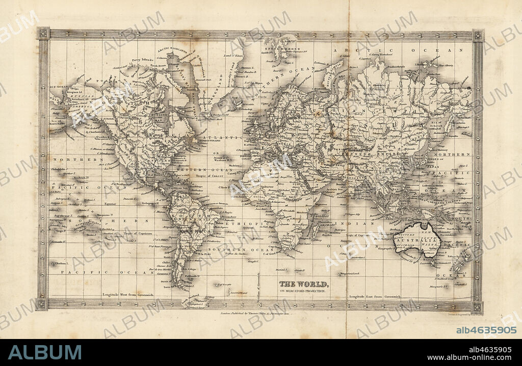 Map of the World, 1829. Copperplate drawn and engraved by Alex Findlay from William Smellies translation of Count Georges Buffons History of the Earth and Animated Nature, Thomas Kelly, London, 1829.
