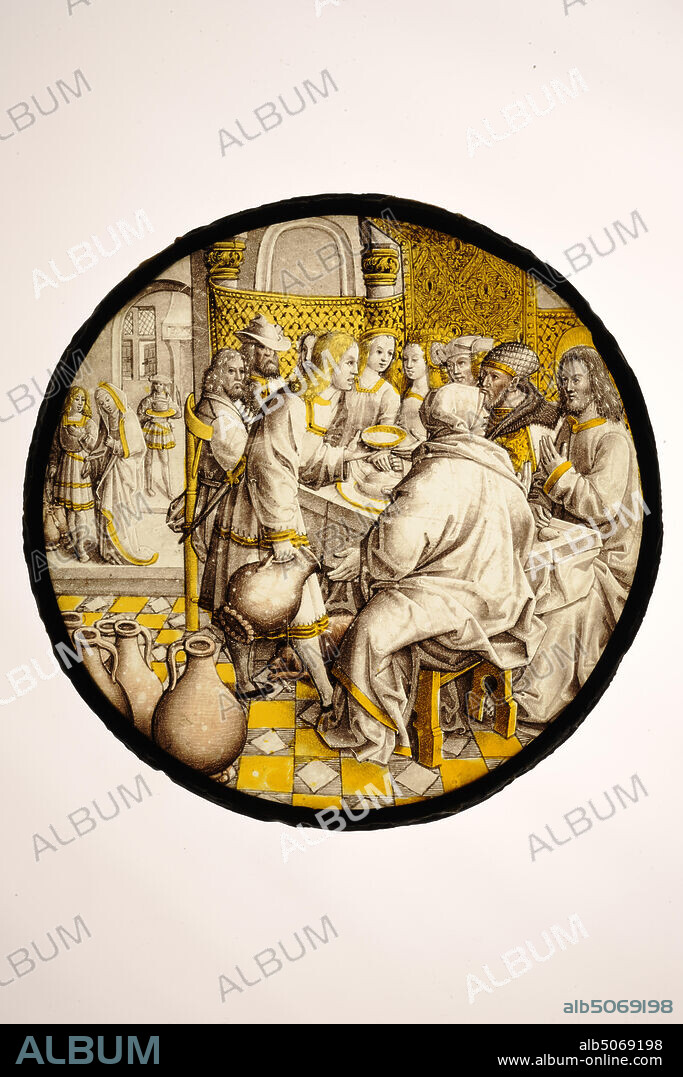 glass pane, ca. 1510-1520, glass, lead, Diameter: 23.8 x 0.4cm 238 x 4mm, biblical representation, Round glass pane with a stained-glass representation of the wedding at Cana, John 2: 1-12. Mary points out to her son that there is no more wine at the wedding, when Christ turned six barrels of water into wine. The pane follows the Bible story closely. Depicted are six water vessels, five on the floor and six in the hand of the master of ceremonies, who offers a bowl of wine to the man to the left of Christ. The woman with the draped cloak in the foreground, sitting on the stool and half visible on the back, is probably Mary. Behind the table, next to the man who hands over the wine, the bride and groom sit. The interior is richly decorated with a checkered tile floor and patterned tapestries. The abundant use of gold-colored silver yellow enhances the decorative effect. In grisaille and silver yellow, in a lead mount, 1970.