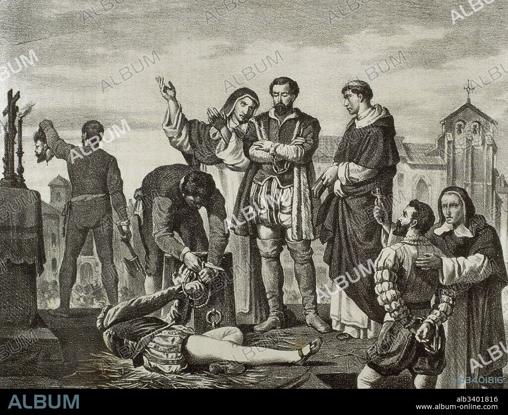The Revolt of the Comuneros or War of the Communities of Castile, 1520-1521. Uprising by citizens of Castile against the rule of Charles V and his administration. Juan Lopez de Padilla (1490-1521), Juan Bravo (c. 1483-1521) and Francisco Maldonado (1480-1521), leaders of the revolt, executed in Villalar de los Comuneros in 1521. Engraving before a painting of Antonio Gisbert, 1860.