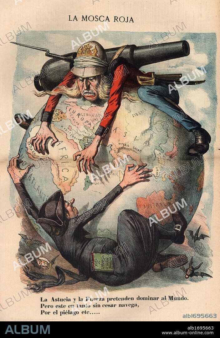 Dibujo político satírico de la época sobre el dominio del mundo por el imperio británico aparecido en La Mosca Roja, número 19, época 2ª. Barcelona, 5 agosto 1882.