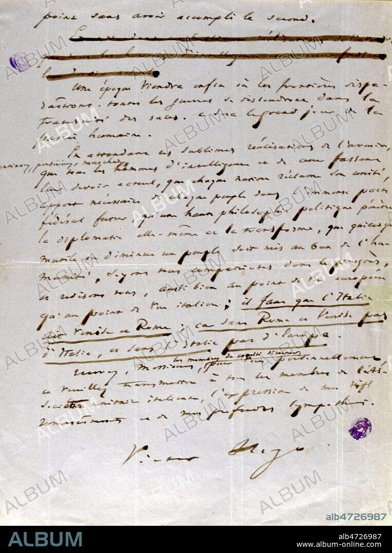 Brouillon de la reponse de Victor HUGO (1802-1885) a la lettre de l'association Italie Unie, en 1861. Document conserve a la maison de Victor Hugo. Credit : JEAN VIGNE / KHARBINE-TAPABOR.