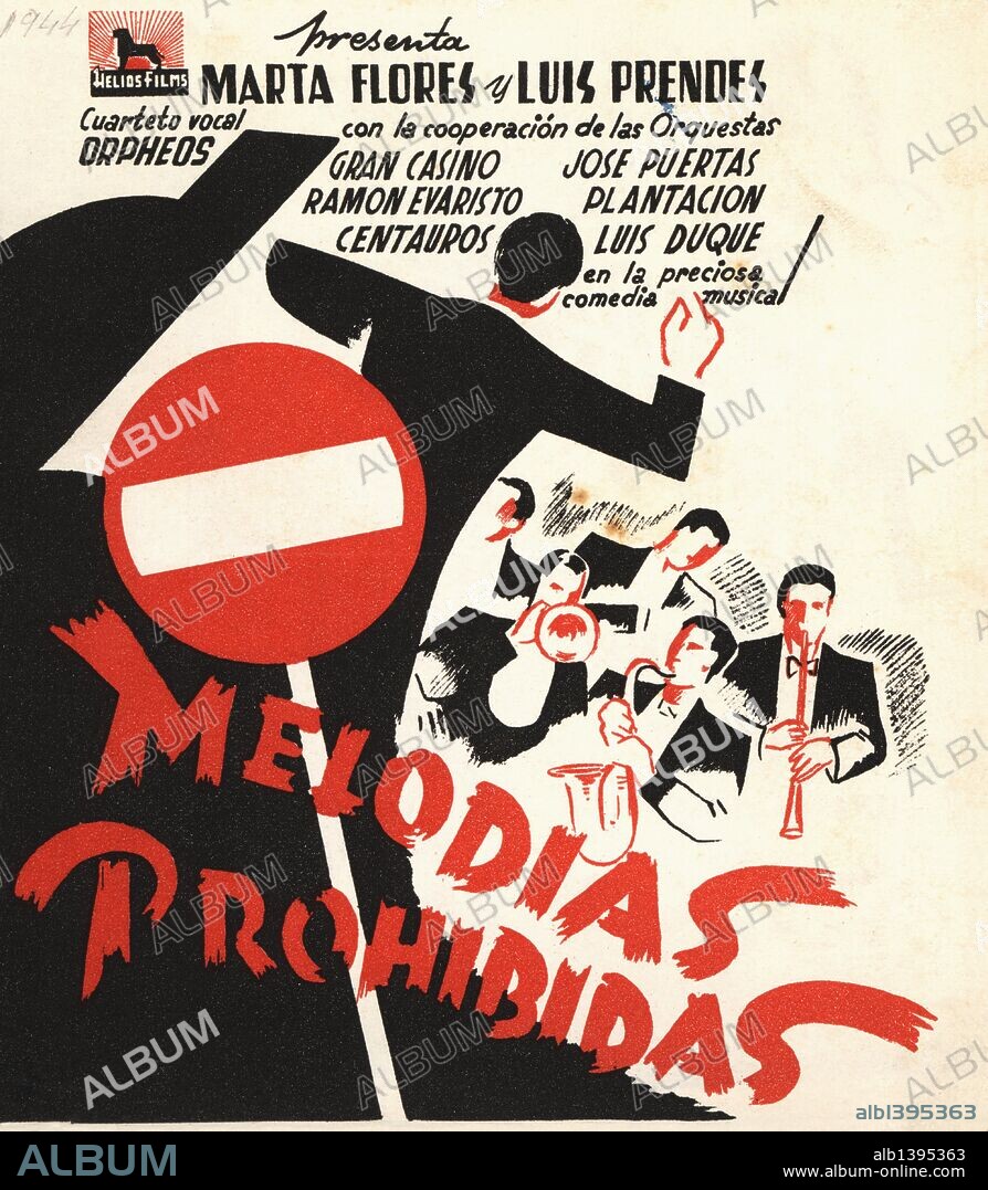 Cartel de la película Melodías Prohibidas, con Marta Flores y Luis Prendes, dirigida por Francisco Gisbert. España, 1942.
