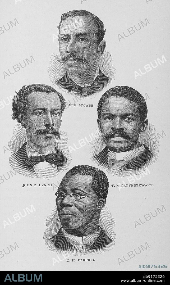 E. P. M'Cabe, John R. Lynch, T. M'Cants Stewart, C. H. Parrish, 1887. Prominent African-Americans. Settler, attorney and land agent Edward P. McCabe. Writer and military officer John Roy Lynch. Clergyman, lawyer and civil rights leader homas McCants Stewart. Minister and educator Charles Henry Parrish. From "Men of Mark: Eminent, Progressive and Rising" by William J. Simmons.