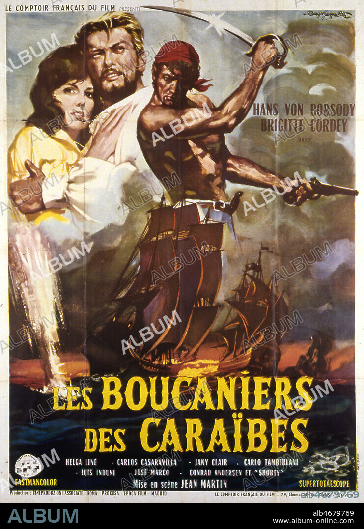 'Les boucaniers' Affiche du film americain realise en 1958 par Anthony QUINN (NE EN 1915) avec Yul BRYNNER (1915-1985), Charlton HESTON (NE 1924), Charles BOYER (1897-1978), Claire BLOMM (NEE EN 1931). Credit : Coll. Perron/KHARBINE-TAPABOR.